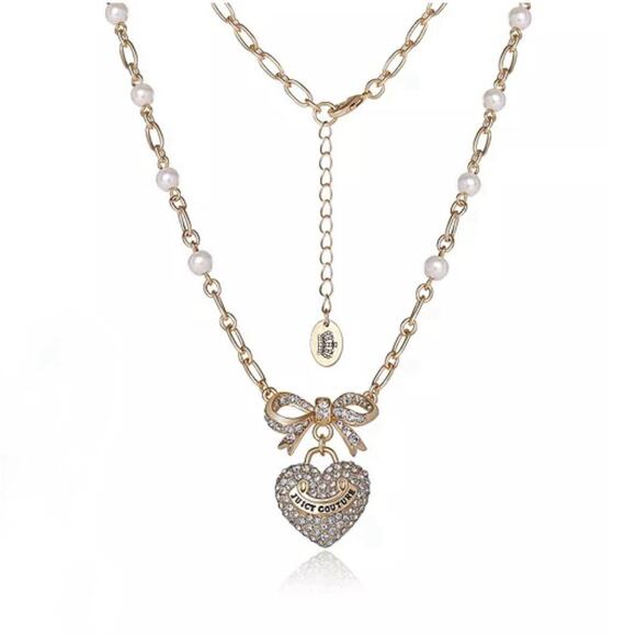 NIB JUICY COUTURE Gold Rhinestone Heart Bow Pearl Pendant Necklace 18”+2” GIFT - Picture 10 of 15